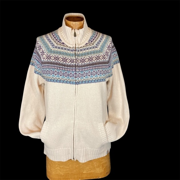 Carhartt Cream Full Zip Cardigan Sweater with Multi-Color Fair Isle Pattern - Picture 1 of 10